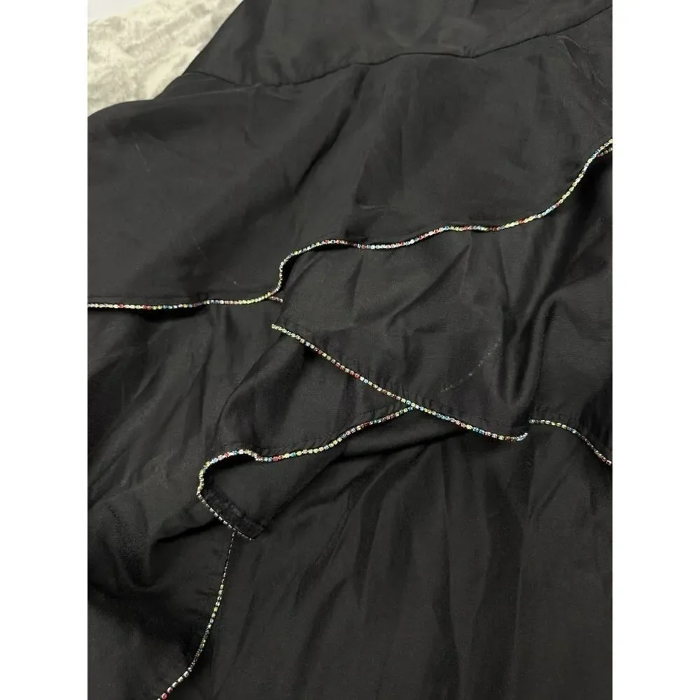 Sister Jane Black Ruffle Midi Skirt Beaded Trim Tiered XS Romantic